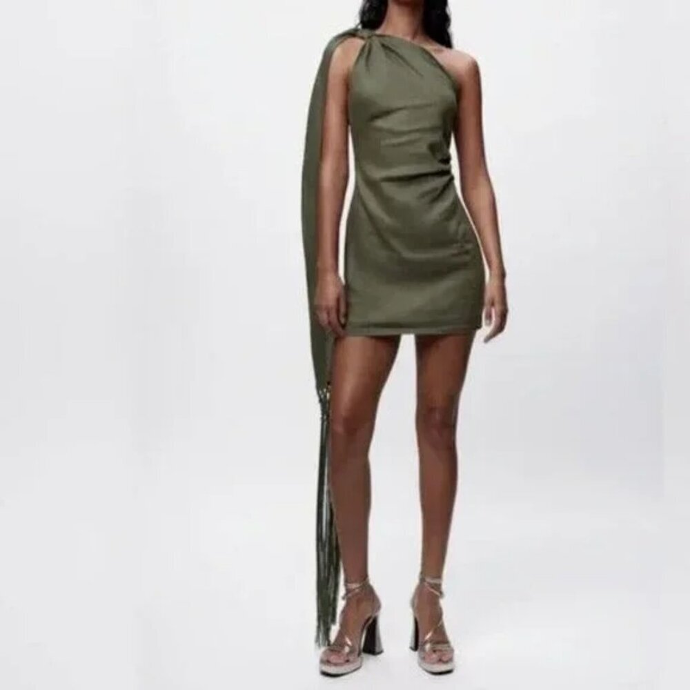 Zara Olive Green One-Shoulder Mini Dress